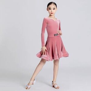 J1 Girls Velvet Latin Dress Rumba Samba Dresses Long Sleeve Leotard Dance Skirt
